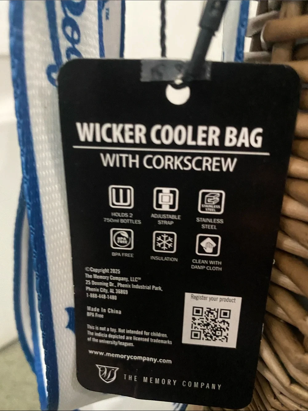 LA Dodgers Wicker Wine Insulated Cooler Bag with Logo Strap & Corkscrew